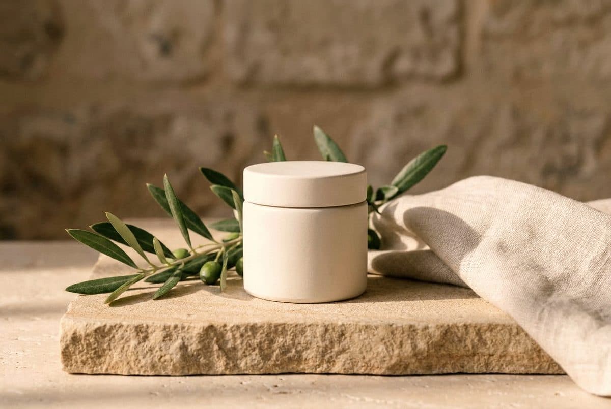 Tarro de cosmética natural sobre piedra de marés con rama de olivo