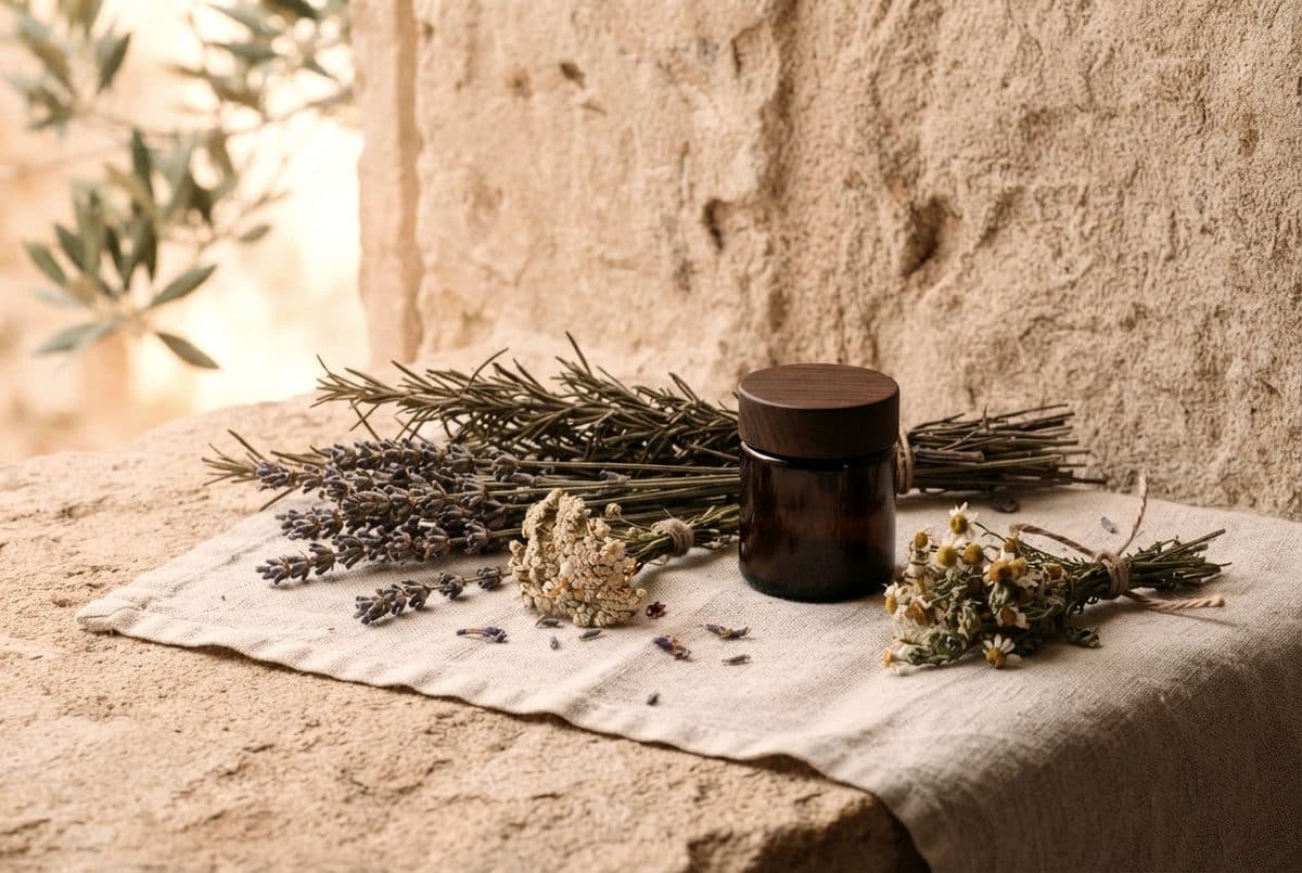 Botánicos aromáticos secos (lavanda, romero) sobre lino junto a un tarro ámbar