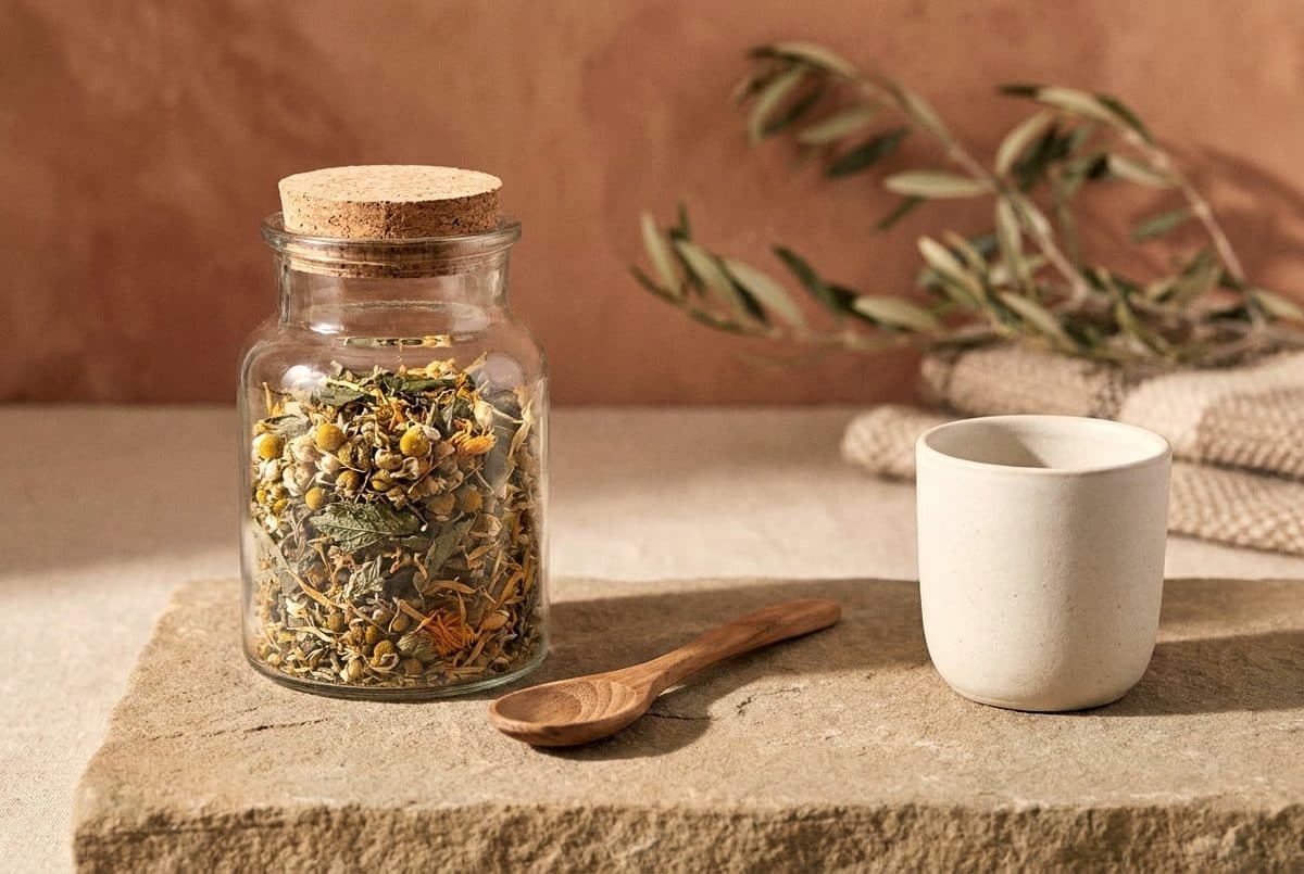Tarro de infusión de hierbas y taza de cerámica sobre piedra de marés
